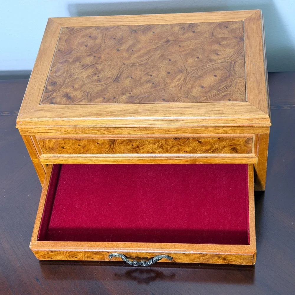 Vintage Burl Wood Jewelry Box Mirror Top Drawer Velvet Lined Trinket Organizer